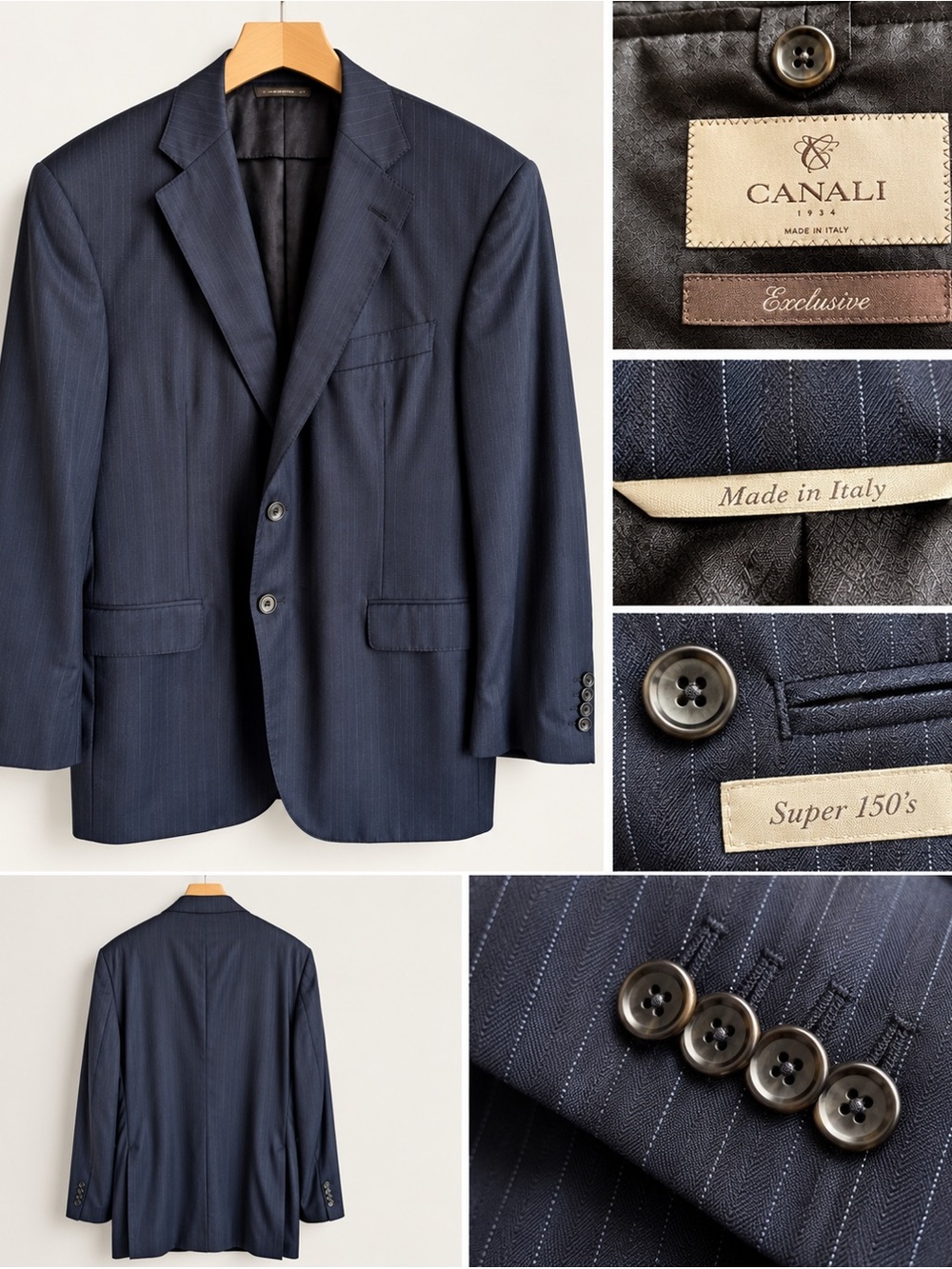 Canali Exclusive Super 150s Wool Blazer 44R Dark Blue Pinstripe Made in Italy